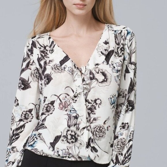 2/$30 White House Black Market Floral Print V-Neck Blouse Small #A0397 - Picture 1 of 9